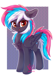 Size: 2150x3035 | Tagged: safe, artist:inaba_hitomi, imported from derpibooru, oc, oc only, oc:cloudlet glisten, pegasus, pony, cheek fluff, chest fluff, cute, cutie mark, ear fluff, folded wings, multicolored mane, multicolored tail, pegasus oc, solo, tail, wings
