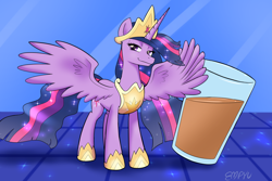 Size: 1000x667 | Tagged: safe, artist:empyu, imported from derpibooru, twilight sparkle, alicorn, pony, the last problem, chocolate, chocolate milk, crown, exploitable meme, female, food, hoof shoes, jewelry, mare, meme, milk, older, older twilight, princess twilight 2.0, pure unfiltered evil, regalia, solo, spill, spilled milk, trollight sparkle, twilight sparkle (alicorn), you monster