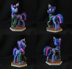 Size: 4800x4600 | Tagged: safe, artist:bomzzzik, imported from derpibooru, applejack, fluttershy, pinkie pie, rainbow dash, rarity, twilight sparkle, alicorn, pony, unicorn, clothes, craft, donut, female, figure, figurine, food, handmade, hoodie, horn, horn impalement, mane six, photo, polymer clay, solo, solo female, traditional art, twilight sparkle (alicorn), wings