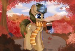 Size: 4092x2825 | Tagged: safe, artist:janelearts, imported from derpibooru, doctor whooves, time turner, pony, unicorn, autumn, clothes, commission, cup, glowing horn, horn, leaves, magic, male, race swap, scarf, scenery, smiling, solo, stallion, telekinesis, tree