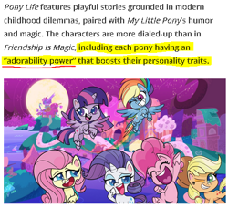 Size: 424x386 | Tagged: safe, imported from derpibooru, applejack, fluttershy, pinkie pie, rainbow dash, rarity, spike, twilight sparkle, alicorn, earth pony, pegasus, pony, unicorn, my little pony: pony life, backwards cutie mark, caption, eyes closed, female, g4.5, looking at you, mane six, mare, one eye closed, sugar packet place, text, twilight sparkle (alicorn), wink
