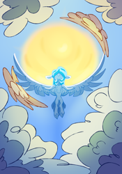 Size: 3360x4800 | Tagged: safe, artist:failissefaily, imported from derpibooru, oc, oc only, oc:skyshine power, pegasus, pony, chest fluff, cloud, flying, hair over eyes, pegasus oc, raising the sun, sky, solo, spread wings, sun, wings