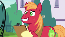 Size: 1920x1080 | Tagged: safe, imported from derpibooru, screencap, big macintosh, earth pony, pony, the last problem, clipboard, grin, male, nervous, nervous grin, smiling, solo, stallion