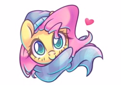 Size: 2032x1460 | Tagged: safe, artist:musicfirewind, artist:wavecipher, imported from derpibooru, fluttershy, pony, beanie, blushing, bust, clothes, colored pupils, cute, female, front view, full face view, hat, heart, looking at you, mare, portrait, scarf, shyabetes, simple background, smiling, solo, white background, winter outfit