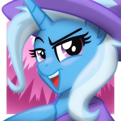 Size: 1280x1280 | Tagged: safe, artist:whitequartztheartist, imported from derpibooru, trixie, pony, unicorn, accessory swap, bust, open mouth, open smile, portrait, smiling, solo, the great and powerful