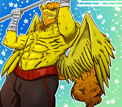 Size: 1920x1692 | Tagged: source needed, useless source url, safe, alternate version, artist:theking_salt, imported from derpibooru, anthro, pegasus, abs, alternate character, beard, chest fluff, clothes, commission, facial hair, gritted teeth, male, male nipples, muscles, nipples, nudity, partial nudity, pullup, sexy, strong, topless, workout, ych result