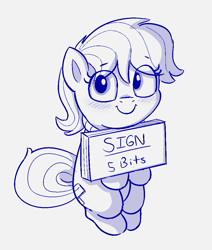 Size: 848x998 | Tagged: safe, artist:heretichesh, imported from derpibooru, oc, oc only, earth pony, pony, blushing, female, filly, monochrome, not mrs. harshwhinny, sign, simple background, sitting, smiling, solo, text