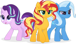 Size: 7100x4111 | Tagged: safe, artist:inaactive, artist:pumpkinpieforlife, imported from derpibooru, starlight glimmer, sunset shimmer, trixie, pony, unicorn, absurd resolution, female, magical trio, mare, movie accurate, simple background, transparent background, trio, vector