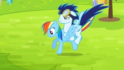 Size: 1280x720 | Tagged: safe, imported from derpibooru, screencap, rainbow dash, soarin', pegasus, pony, rainbow falls, female, flying, goggles, holding a pony, male, ponies riding ponies, riding, soarin riding rainbow dash, stallion