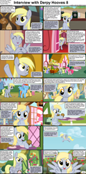 Size: 1282x2590 | Tagged: safe, artist:agrol, imported from derpibooru, cloud kicker, derpy hooves, dizzy twister, merry may, minuette, orange swirl, pinkie pie, rainbow dash, earth pony, pegasus, pony, comic:celestia's servant interview, background pony, caption, cs captions, cute, dartboard, derpabetes, diapinkes, everypony plays sports games, female, food, holding, interview, looking at you, mare, market stall, muffin, ponyville