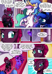 Size: 2408x3400 | Tagged: safe, artist:tarkron, imported from derpibooru, princess celestia, princess luna, tantabus, tempest shadow, twilight sparkle, centaur, siren, unicorn, comic:shadows of the past (tarkron), series:creature-verse, armor, broken horn, canterlot castle, centaurified, comic, commission, crown, crying, door, doorway, female, females only, gem, horn, jewelry, lunataur, regalia, royal sisters, royalty, siblings, siren gem, sirenified, sisters, species swap, tantabus sparkle, tantabusified, wiping tears