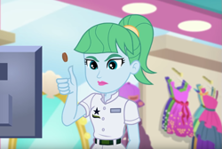 Size: 939x630 | Tagged: safe, imported from derpibooru, screencap, sweet smoothie, equestria girls, equestria girls series, spring breakdown, coin, coin flipping, cruise crew, cruise ship, cruise ship staff, female, money