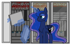 Size: 3128x2000 | Tagged: safe, artist:dacaoo, imported from derpibooru, princess luna, alicorn, pony, chest fluff, commission, computer, ethereal mane, female, horn, magic, mare, server, solo, telekinesis, wings, wires