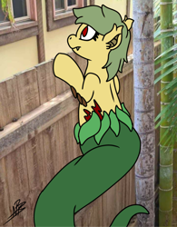 Size: 1590x2041 | Tagged: safe, artist:shappy the lamia, edit, imported from derpibooru, oc, oc only, oc:shappy, hybrid, lamia, original species, semi-anthro, bamboo, chibi, curiosity, curious, cute, fangs, fence, house, neighborhood, neighbors, palm tree, photo, realistic, scales, slit eyes, slit pupils, snake eyes, snake tail, solo, spy, spying, tree, window