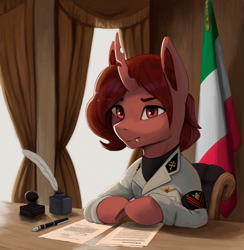 Size: 2866x2936 | Tagged: safe, artist:mrscroup, imported from derpibooru, oc, oc only, oc:red flux, changeling, insect, moth, mothling, original species, chair, clothes, curtains, eyebrows, fangs, flag, frown, high res, inkwell, italian flag, italy, male, military, military uniform, paper, quill, red changeling, sitting, solo, species swap, table