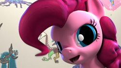 Size: 560x315 | Tagged: safe, imported from derpibooru, screencap, discord, pinkie pie, queen chrysalis, hello pinkie pie, close-up, eye, eye lashes, eyes, open mouth