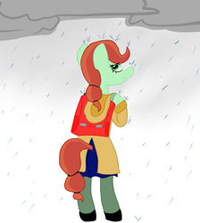 Size: 1325x1482 | Tagged: safe, artist:lowname, imported from derpibooru, oc, oc only, anthro, earth pony, unguligrade anthro, backpack, cloud, earth pony oc, looking back, outdoors, rain, raincoat, solo