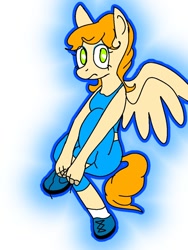 Size: 810x1080 | Tagged: safe, artist:lowname, imported from derpibooru, oc, oc only, anthro, pegasus, unguligrade anthro, abstract background, clothes, looking at you, pegasus oc, shoelace, shoes, solo, wings