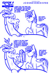 Size: 693x1024 | Tagged: safe, artist:jcosneverexisted, imported from derpibooru, discord, twilight sparkle, alicorn, pony, the beginning of the end, anime reference, dialogue, digimon, digimon adventure, female, hilarious in hindsight, injured, male, mare, season 9 doodles, simple background, text, twilight sparkle (alicorn), white background