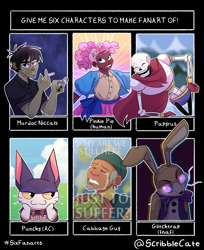 Size: 3897x4782 | Tagged: safe, artist:scribblecate, imported from derpibooru, pinkie pie, anthro, cat, human, six fanarts, animal crossing, animatronic, avatar the last airbender, bone, briefs, bust, cabbage, cabbage merchant, cheek squish, cigarette, clothes, crossover, crying, dark skin, eyes closed, female, five nights at freddy's, food, glitchtrap, glowing eyes, hat, humanized, lighter, male, murdoc niccals, papyrus (undertale), skeleton, smiling, squishy cheeks, undertale, underwear