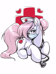 Size: 1200x1600 | Tagged: safe, artist:noupie, imported from derpibooru, nurse redheart, earth pony, pony, cutie mark background, female, hat, mare, mask, nurse hat, simple background, solo, stethoscope, surgical mask, white background