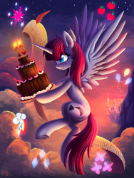 Size: 5000x6632 | Tagged: safe, artist:atlas-66, imported from derpibooru, oc, oc only, oc:fausticorn, alicorn, pony, absurd resolution, cake, candle, canterlot, cloud, cutie mark, ear fluff, female, flying, food, happy birthday mlp:fim, horn, implied mane six, leg fluff, mare, mlp fim's tenth anniversary, profile, quill pen, scroll, sky, solo, spread wings, wings