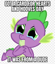 Size: 840x970 | Tagged: safe, imported from derpibooru, spike, dragon, abuse, bad day, bad luck, caption, crying, heartbreak, hearts and hooves day, i can't believe it's not useraccount, image macro, implied gay, male, single, spikeabuse, sucks to be him, text