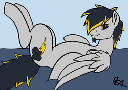 Size: 3471x2447 | Tagged: safe, artist:thunder arch, imported from derpibooru, oc, oc only, oc:thunder arch, pegasus, pony, bed, colored, facial hair, flat colors, goatee, laying on bed, looking at you, lying down, lying on bed, male, on back, on bed, pegasus oc, simple background, smiling, smiling at you, stallion, wings