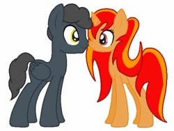 Size: 400x301 | Tagged: safe, artist:lulumimbebe, firelock, oc, oc:thunderclash, pegasus, pony, unicorn, boop, breedable, canon x oc, cute, diaclashes, female, firedorable, male, mare, older, older firelock, shipping, simple background, stallion, straight, thunderlock, white background, wrong eye color