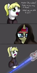 Size: 1814x3580 | Tagged: safe, artist:trash anon, moondancer, oc, oc:philia, earth pony, pony, unicorn, 3 panel comic, anakin skywalker, cloak, clothes, costume, female, filly, horn, lightsaber, magic, mare, open mouth, star wars, star wars: revenge of the sith, telekinesis, this will end in tears, toy, weapon