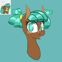 Size: 3450x3450 | Tagged: safe, artist:niggerdrawfag, spur, pegasus, pony, alternate hairstyle, bust, cute, female, filly, freckles, looking at you, open mouth, portrait, simple background, solo, teal background