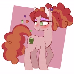 Size: 4096x4096 | Tagged: safe, artist:niggerdrawfag, tree h. hooffield, earth pony, pony, abstract background, absurd resolution, alternate hairstyle, blushing, cute, eyeshadow, female, lidded eyes, makeup, mare, smiling, solo, straw in mouth