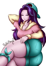 Size: 700x1000 | Tagged: safe, artist:redvalshay, imported from derpibooru, starlight glimmer, human, breasts, busty starlight glimmer, butt, cap, cleavage, clothes, glimmer glutes, hat, humanized, solo