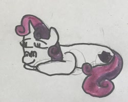 Size: 1448x1154 | Tagged: safe, artist:whistle blossom, imported from derpibooru, sweetie belle, pony, unicorn, cute, cutie mark, diasweetes, eyes closed, female, filly, foal, marker drawing, simple background, sleeping, smiling, solo, the cmc's cutie marks, traditional art, white background