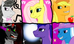 Size: 800x480 | Tagged: safe, artist:vitaminbob, imported from derpibooru, applejack, fluttershy, king sombra, octavia melody, princess luna, trixie, alicorn, earth pony, pegasus, pony, unicorn, bust, cape, clothes, female, hat, male, mare, open mouth, smiling, sombra eyes, stallion, trixie's cape, trixie's hat