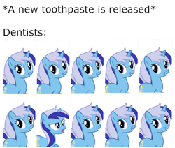 Size: 554x470 | Tagged: safe, imported from derpibooru, minuette, pony, unicorn, angry, dentist, female, grin, happy, mare, meme, one of these things is not like the others, open mouth, simple background, smiling, white background