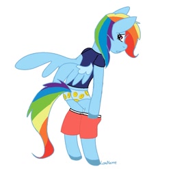 Size: 907x900 | Tagged: safe, artist:lowname, imported from derpibooru, rainbow dash, anthro, pegasus, unguligrade anthro, blue underwear, boyshorts, clothes, panties, shorts, shorts pulled down, signature, simple background, solo, underwear, white background