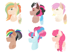 Size: 1280x941 | Tagged: safe, artist:xxdifferentrealityxx, imported from derpibooru, oc, oc only, earth pony, hippogriff, hybrid, pegasus, pony, unicorn, bust, draconequus hybrid, earth pony oc, freckles, horn, interspecies offspring, magical lesbian spawn, next generation, offspring, parent:applejack, parent:big macintosh, parent:discord, parent:fluttershy, parent:gilda, parent:party favor, parent:pinkie pie, parent:quibble pants, parent:rainbow dash, parents:appledash, parents:discopie, parents:fluttermac, parents:gildashy, parents:partypie, parents:quibbledash, pegasus oc, simple background, transparent background, unicorn oc, wings