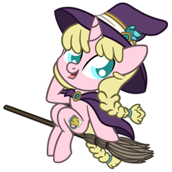 Size: 1500x1500 | Tagged: safe, artist:captshowtime, imported from derpibooru, oc, oc only, oc:caramel malt, pony, unicorn, braid, broom, cape, chibi, ciderfest, clothes, con mascot, convention, convention mascot, costume, cute, hat, icon, mascot, nightmare night, ponysona, ponyville ciderfest, pvcf, simple background, solo, transparent background, witch, witch costume, witch hat