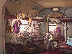 Size: 1440x1080 | Tagged: safe, artist:agm, imported from derpibooru, berry punch, berryshine, bon bon, derpy hooves, dinky hooves, sweetie drops, oc, earth pony, pegasus, pony, unicorn, bag, blank flank, butt, couchette car, cup holder, featured image, female, filly, glowing horn, horn, indoors, interior, levitation, looking at someone, looking out the window, lying down, magic, male, mare, mug, plazcart, plazcart train, plot, post-soviet, radio, saddle bag, sitting, smiling, spoon, stallion, suitcase, table, telekinesis, train, train cabin, unshorn fetlocks, window, wings