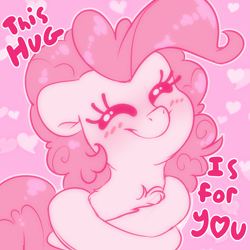 Size: 2000x2000 | Tagged: safe, artist:fluffyxai, imported from derpibooru, pinkie pie, earth pony, pony, blushing, bronybait, chest fluff, cute, daaaaaaaaaaaw, diapinkes, eyes closed, female, fluffy, happy, heart, high res, hug, limited palette, mare, pink, self-hugging, simple background, smiling, solo, text