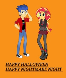 Size: 941x1121 | Tagged: safe, artist:tfsniperboy22, imported from derpibooru, flash sentry, sunset shimmer, equestria girls, clothes, converse, female, flashimmer, halloween, holiday, male, nightmare night, shipping, shoes, straight