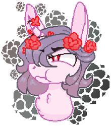 Size: 328x372 | Tagged: safe, artist:time-lime, imported from derpibooru, oc, oc only, oc:grumpy, pony, unicorn, big ears, bust, female, flower, flower in hair, grumpy, head, horn, simple background, solo, transparent background, unicorn oc