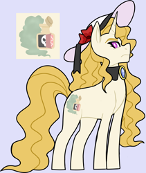 Size: 1194x1414 | Tagged: safe, artist:iesbeans, imported from derpibooru, oc, oc only, oc:prissy missy, pony, unicorn, blue background, broach, cutie mark, female, hat, mare, offspring, parent:octavia melody, parent:prince blueblood, parents:bluetavia, scowl, simple background, solo
