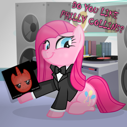 Size: 1132x1132 | Tagged: safe, artist:grapefruitface1, imported from derpibooru, pinkie pie, pony, party of one, american psycho, base used, bookshelf, bowtie, clothes, looking at you, movie reference, patrick bateman, phil collins, pinkamena diane pie, record, record player, show accurate, sitting, smiling, speaker, speakers, straight hair, suit, turntable