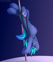 Size: 2900x3400 | Tagged: safe, artist:snowstormbat, imported from derpibooru, oc, oc only, oc:guttatus, bat pony, pony, armpits, looking at you, male, pole dancing, simple background, solo, stallion, stripper pole, upside down