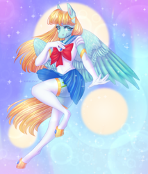 Size: 900x1057 | Tagged: safe, artist:sadelinav, imported from derpibooru, helia, anthro, pegasus, unguligrade anthro, abstract background, clothes, cosplay, costume, female, sailor moon, solo, stockings, thigh highs, wings