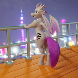 Size: 800x800 | Tagged: safe, artist:jesterkatz, imported from derpibooru, oc, oc only, oc:quirky view, anthro, dragon, hybrid, pegasus, pony, unguligrade anthro, balcony, city, cityscape, colored, cutie mark, detailed background, horns, looking away, male, railing, rooftop, smiling, stallion, wings