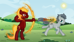 Size: 1200x675 | Tagged: safe, artist:jennieoo, imported from derpibooru, oc, oc only, oc:blazing arrow, oc:steel mustang, earth pony, pony, arrow, bow, fetch, fire arrow, fire bow, mane of fire, running, show accurate, solo, vector
