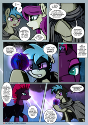 Size: 2480x3508 | Tagged: safe, artist:dsana, imported from derpibooru, fizzlepop berrytwist, tempest shadow, oc, oc:fireweed, oc:thistledown, earth pony, pony, unicorn, comic:a storm's lullaby, broken horn, cloak, clothes, comic, faceoff, female, good or evil, horn, lightning, magical artifact, male, mare, rain, scar, stallion, warning